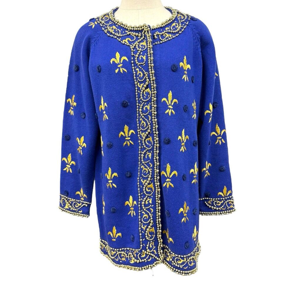 Michael Simon Fleur De Lis Blue & Gold Embroidered Beaded Vintage Sweater L/XL